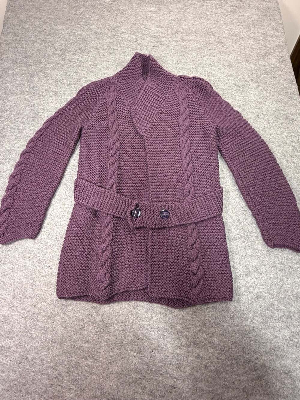 Handmade Purple Chunky Knit Cable Cardigan with Belt and Buttons